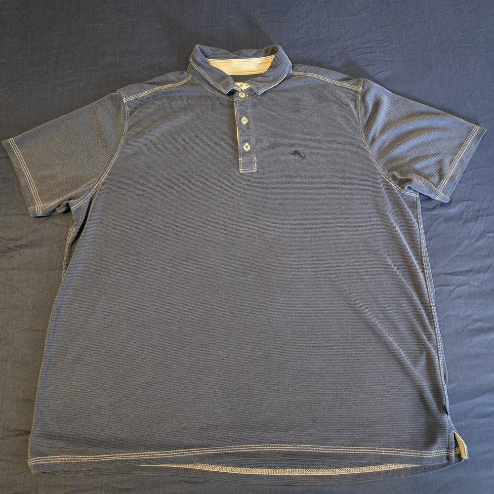 Tommy Bahama‎ Shirt Mens 2XL Blue Striped Tencel Modal Polo Lightweight Casual
